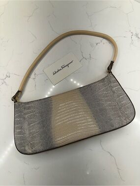 Salvatore Ferragamo Beige and Gray Croc-Embossed Shoulder Bag